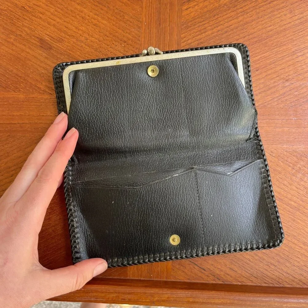 VTG 60s 70s Artisan Hand-Laced Leather Wallet Clutch Folk Art Boho Mod